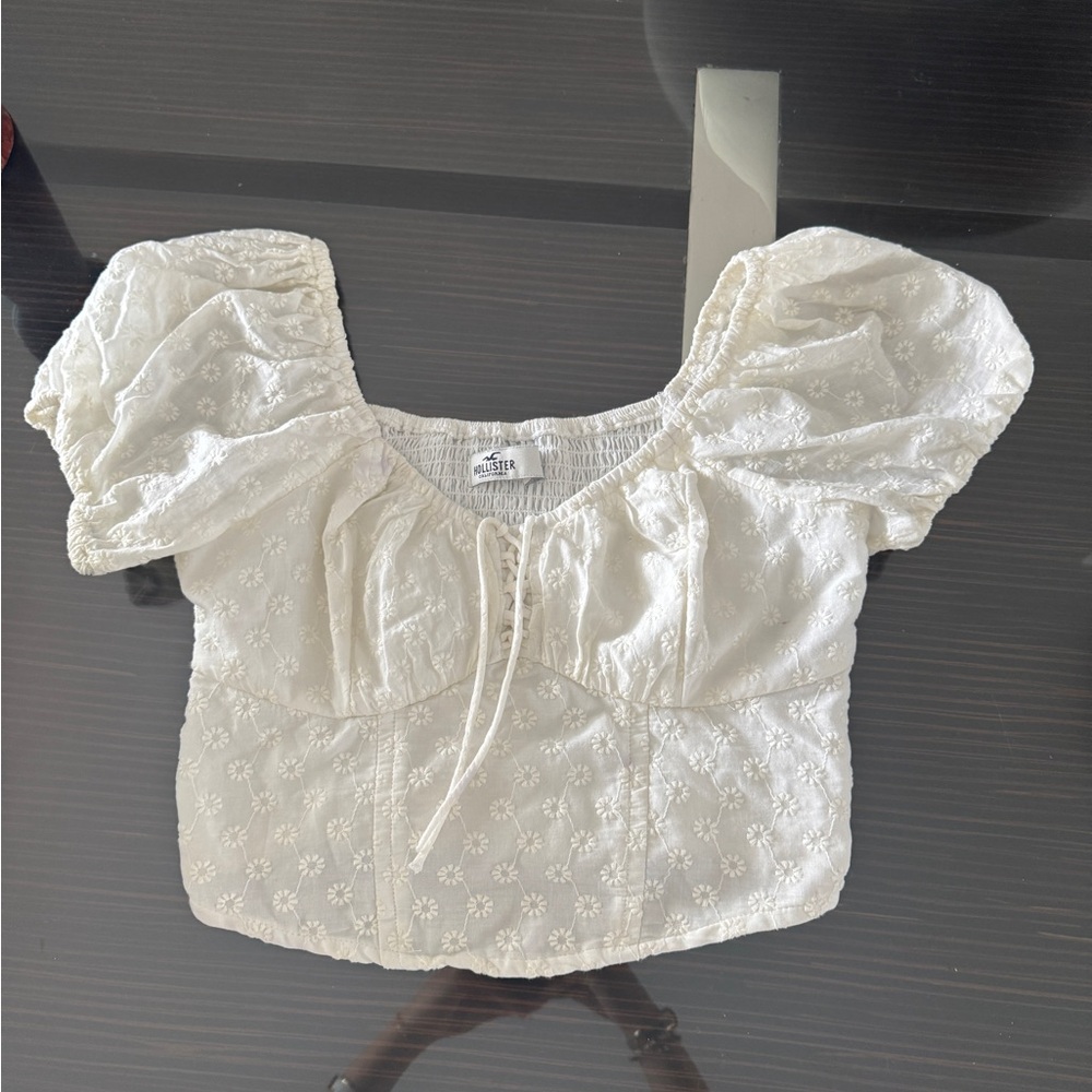 Hollister White Puff Sleeve Smocked Blouse
